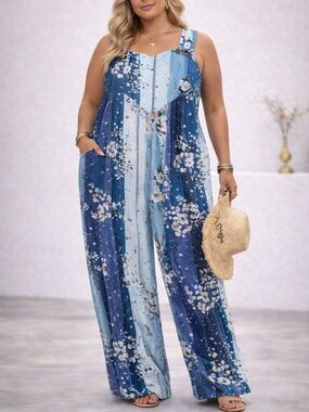 Blue Floral Patchwork Wide-Leg Jumpsuit